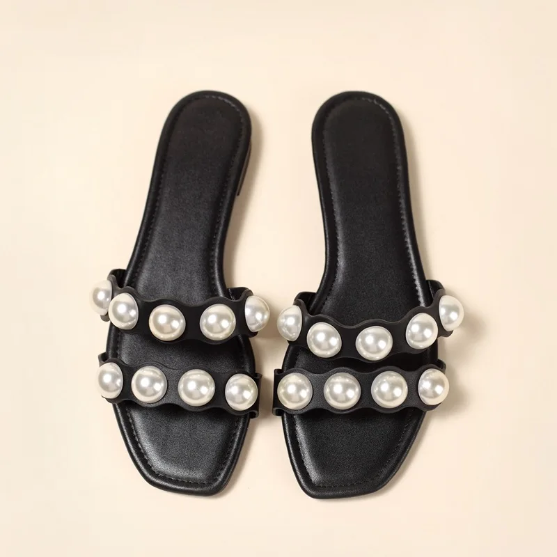 

Fashion Brand Party Dresses shoes Fulgurant Pearl Sandals thin Belt Roman Flat Women Flip Flops Casual Beach Flat Slippers