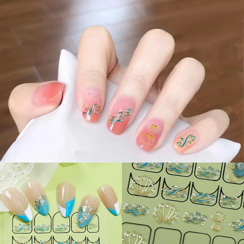 

Nail Art Design Ocean Shells Diamonds DIY Nail Decals 3D Glitter Laser Bronzing Nail Stickers 2022