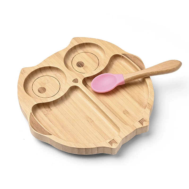 

Whale Elephant Apple Car Owl Shape Bamboo Suction Plate Baby with Spoon Divided Feeding Bamboo Plates and Bowls Sets for Kids