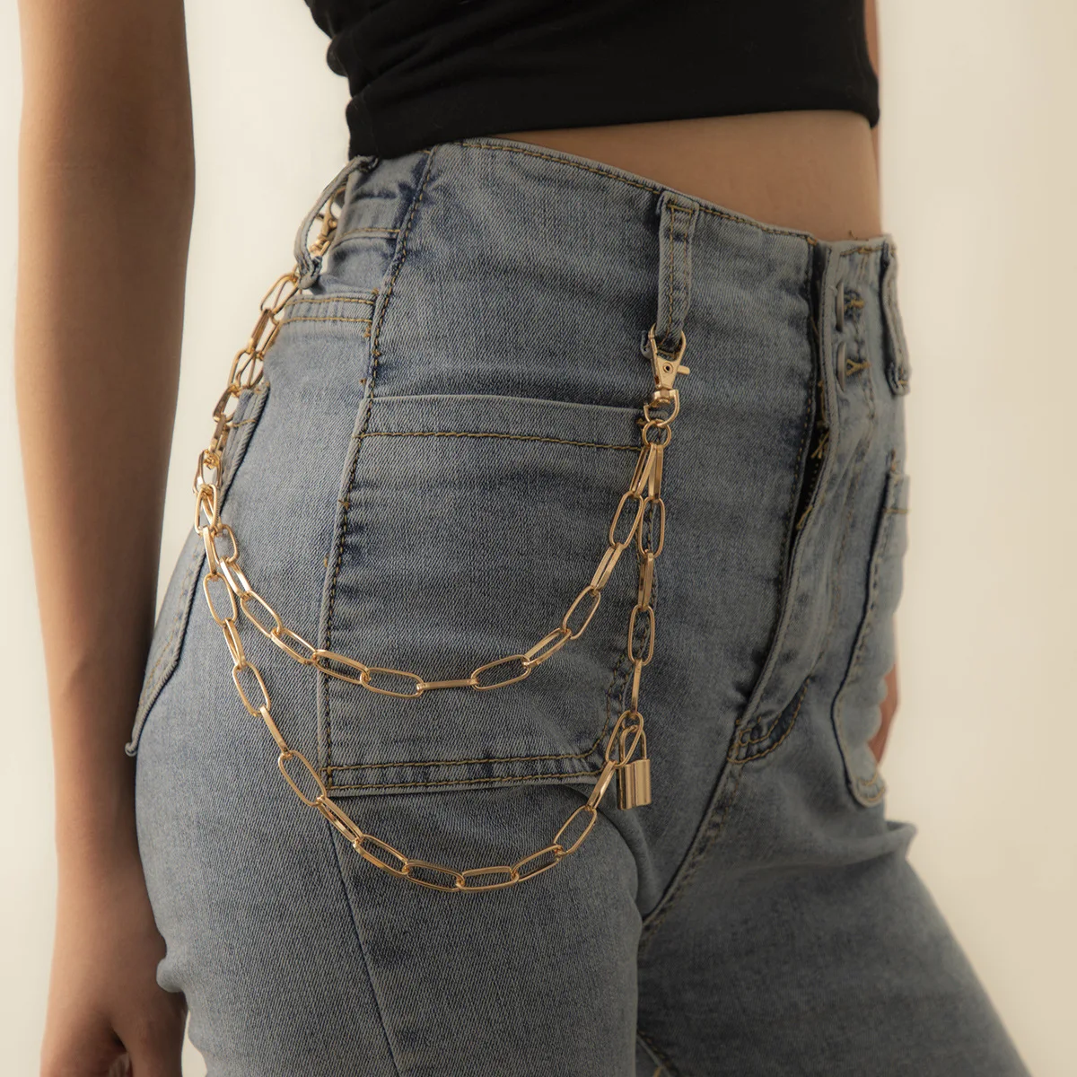 

Hip Hops Double Layered Lock Padlock Pendant Waist Belly Chain Fashion Minimalist Oval Link Metal Lock Waist Chain Jeans Chain, Picture shows