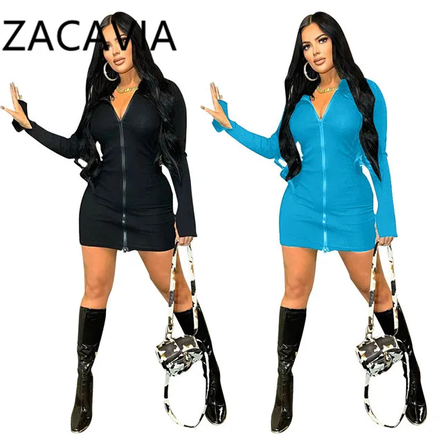 

Zacavia 2021 Women's Dress Tight Sexy Zipper Casual Bodycon Dress, Picture color