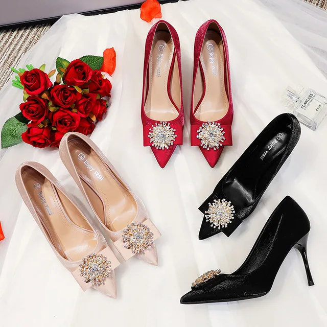 

Ladies Sexy Thin Pointed Heels Shoes Women Sequined Crystal High Heels for Wedding Banquets