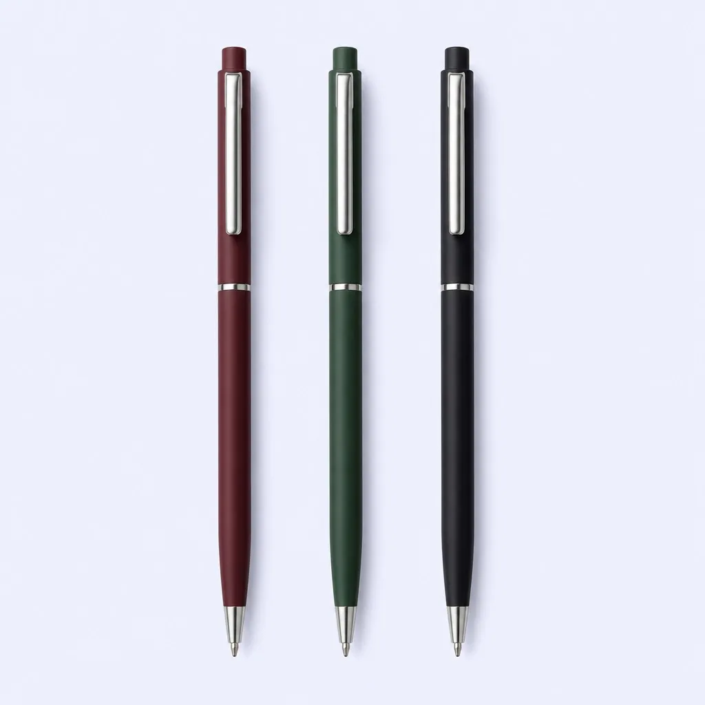 Three pens in burgundy, forest green and black lined up