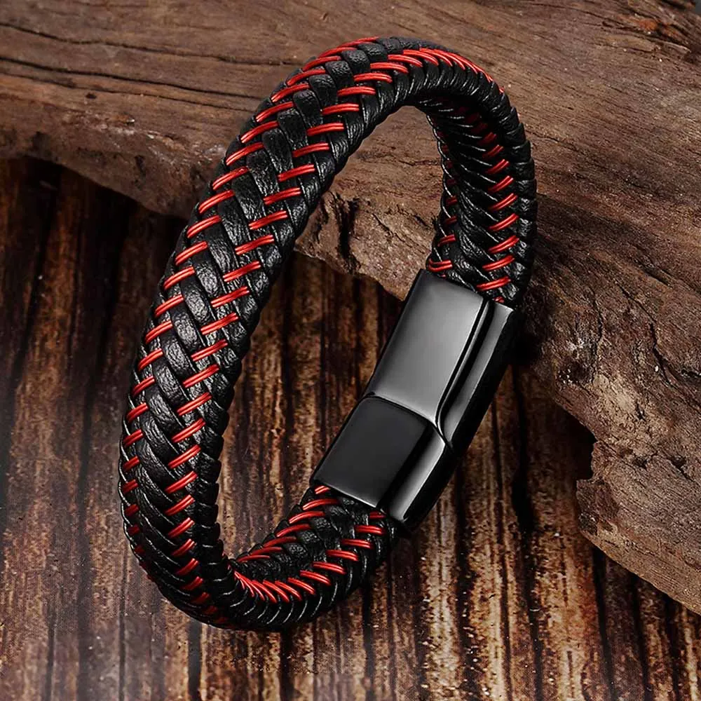 

Vintage Luxury Genuine Black Red Leather Bracelet For Cool Jewelry Men Bangle