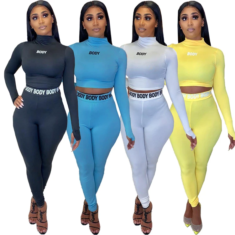 

D96307 Women clothes 2021 letter print long sleeve solid color bodycon joggers suits 2 piece pants set women clothing