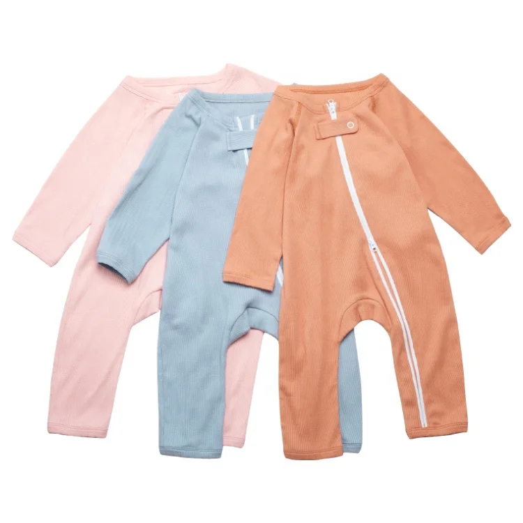 

Designer's new design 100 cotton sleepsuit breathable bamboo fiber oblique zip baby ribbed romper for summer, Yellow,gray,pink