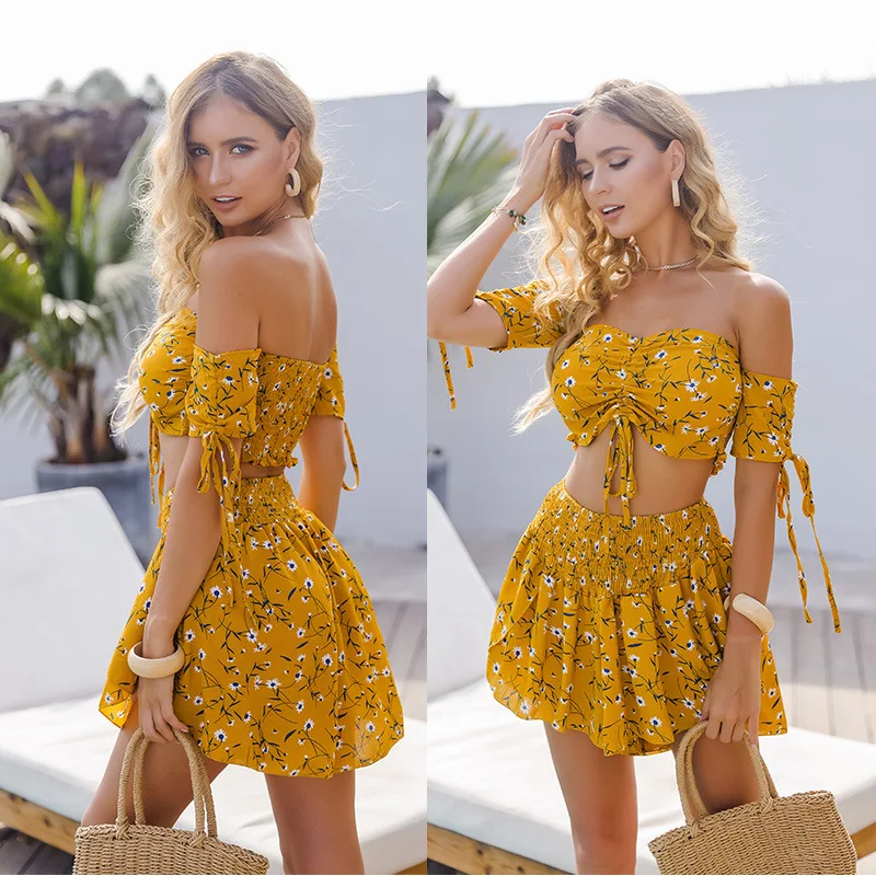 

Summer Sexy Print Strapless Women Floral Casual Lace Up Boho Beach Overalls Two Piece Off Shoulder Top And Skirt Set, Formal