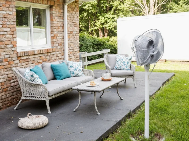 Oscillating fan creating airflow in backyard seating area