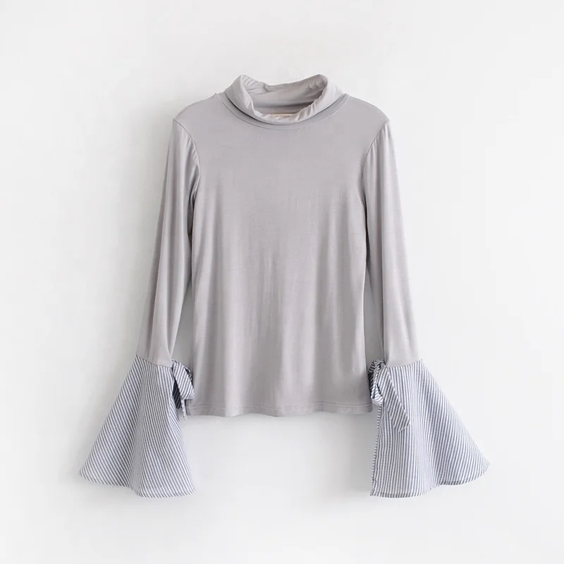 

B51231A Female sweet style autumn flared sleeve fashion slim t-shirt, Gray