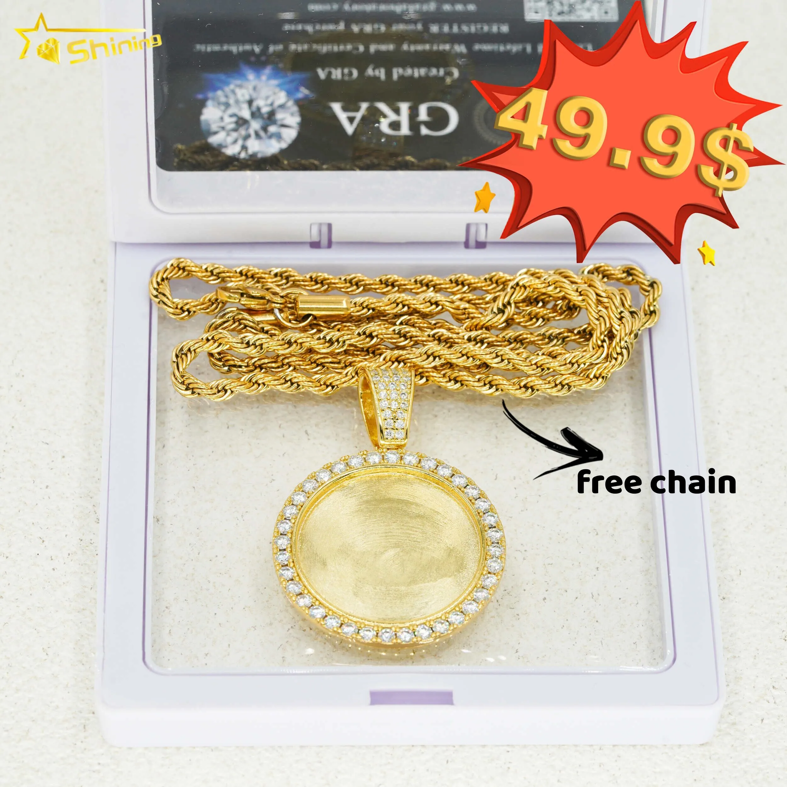 

Shining Jewelry In Stock GRA Certificated Pass Diamond Tester 25MM Width Moissanite Picture Memory Pendant With Rope Chain