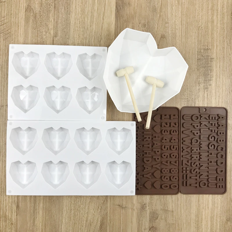 

white Silicone diamond heart shape baking cake mold digital alphabet chocolate mold with mini wooden hammers set