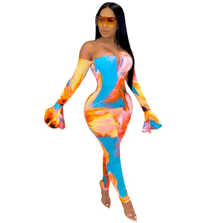 

fancy and good quality women bodycon printed jumpsuit with deep V neck and long sleeve