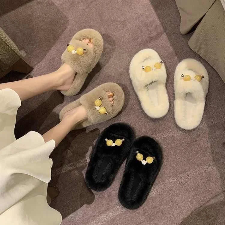 

Wholesale fashion Solid Color Women Fluffy Slippers Winter Home Furry Fur Slides flat plush slippers for women, Black, khaki,begin
