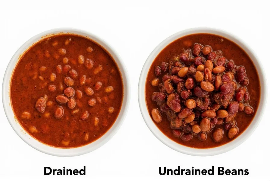 Two bowls of chili side by side showing texture difference with drained vs undrained beans