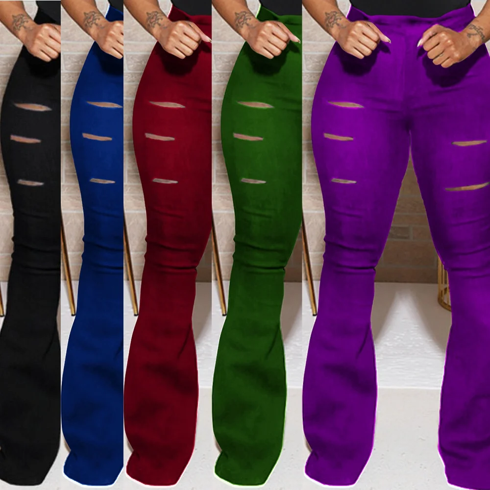 

QC-28008-2 New fashion plus size high waist flare womens pants hollow out bodycon 2021 new arrivals women pants