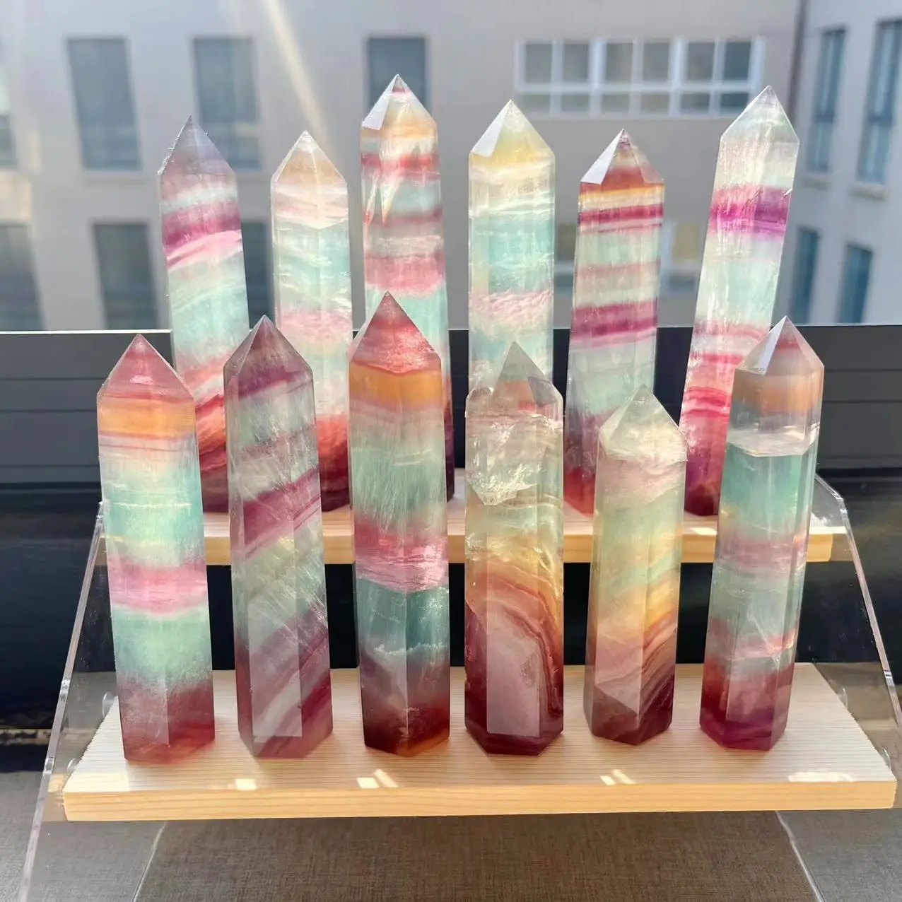 

Wholesale natural stone rainbow fluorite point polished healing crystal tower for home decoration or gift.