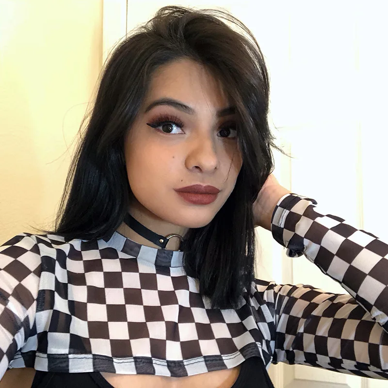 

Fashion Women Checkerboard Girls Smock Long Sleeve Crop Top Cut It Off Sweatshirt Hoodie Mesh Sweatshirt