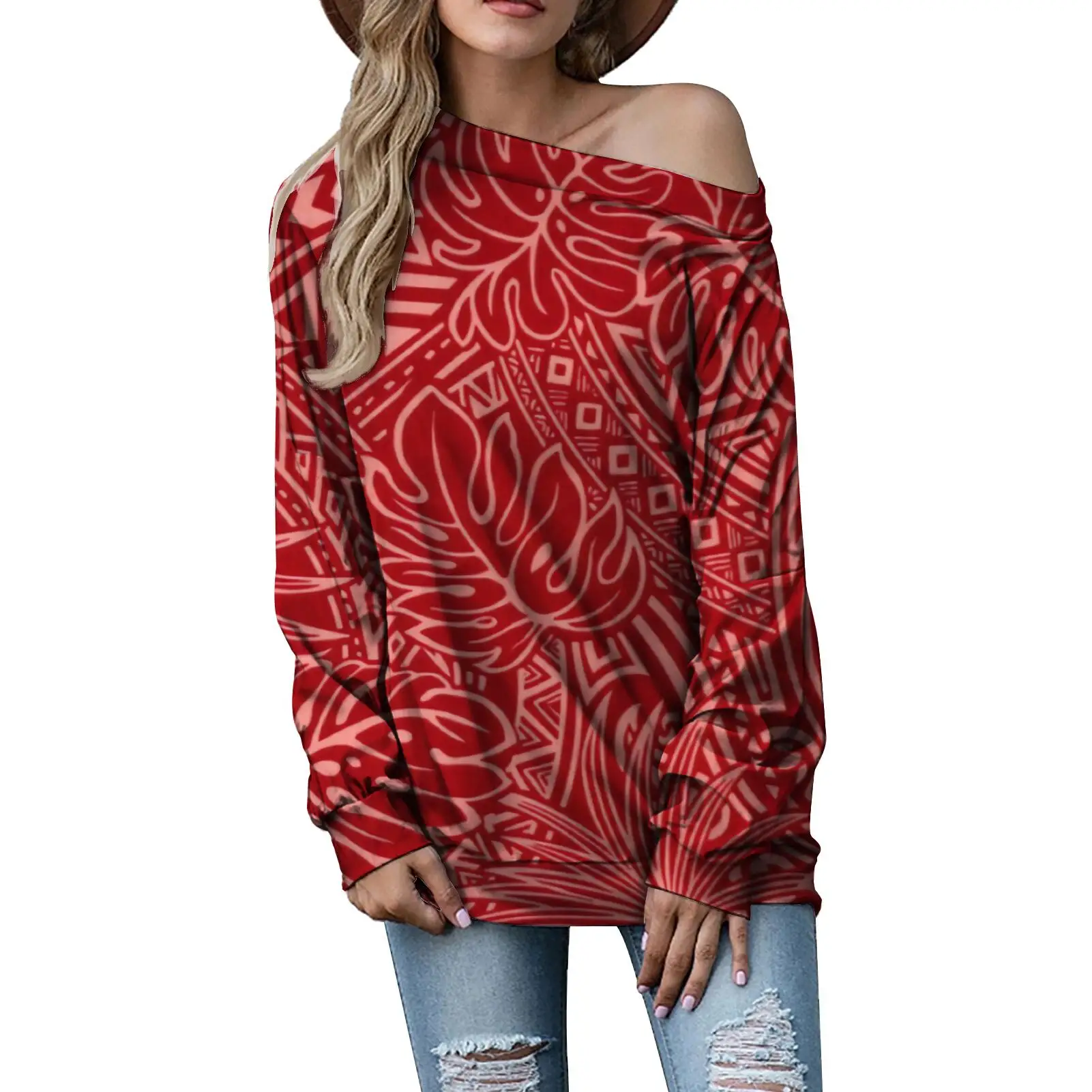 

Sinosun Polynesian Print Wholesale Long Sleeves Shirts Top Blouses Casual Off-shoulder Pullover Sweater Women
