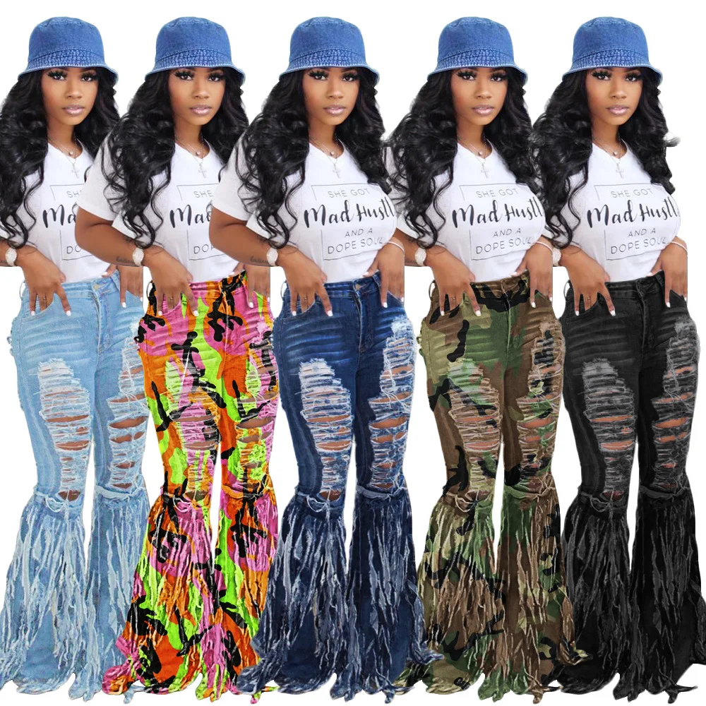 

Foma S3840 2020 High Waist Stretch Flare Ripped Jeans Denim Women Washed Sexy Jeans FLARE