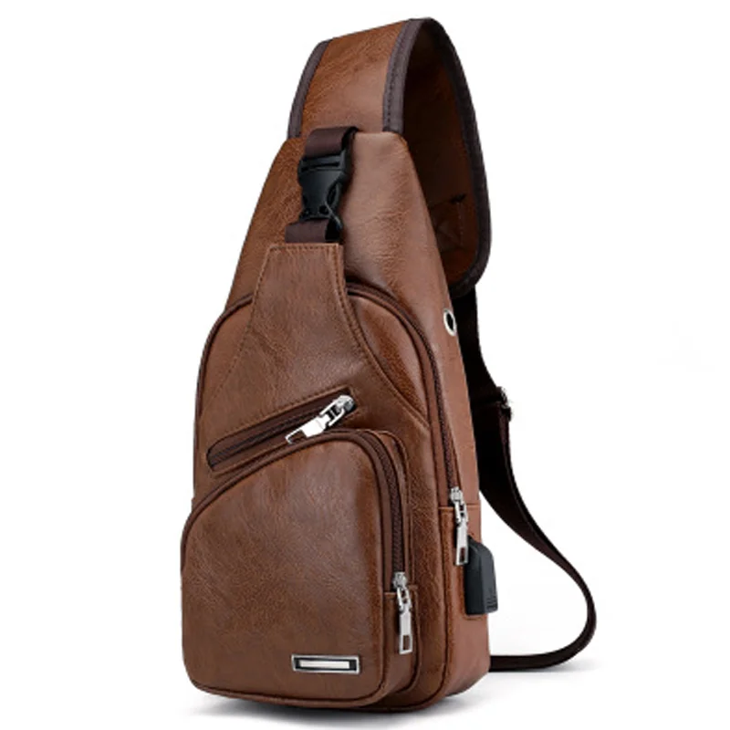 

Anti theft crossbody PU leather bags men casual USB charging sling travel messengers chest bag