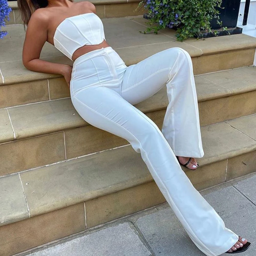 

Two piece women set strapless tube top INS hot sale solid color two piece pants set for woman two pieces outfit with long pant