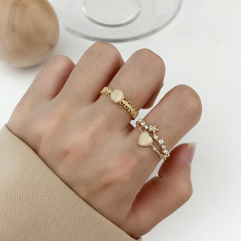 

Trendy Real 18k Gold Plated Star Heart Round Opal Opening Index Finger Ring Adjustable Opal Heart Finger Rings