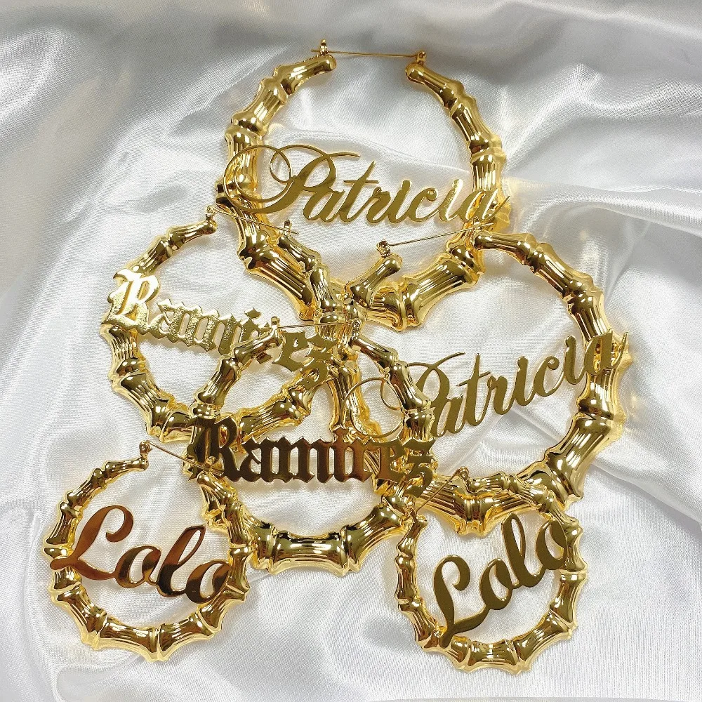 

Custom Name Personalized Bamboo Gold Letter Earring Earrings Unique Stainless Steel Earrings, Gold/rose gold/silver