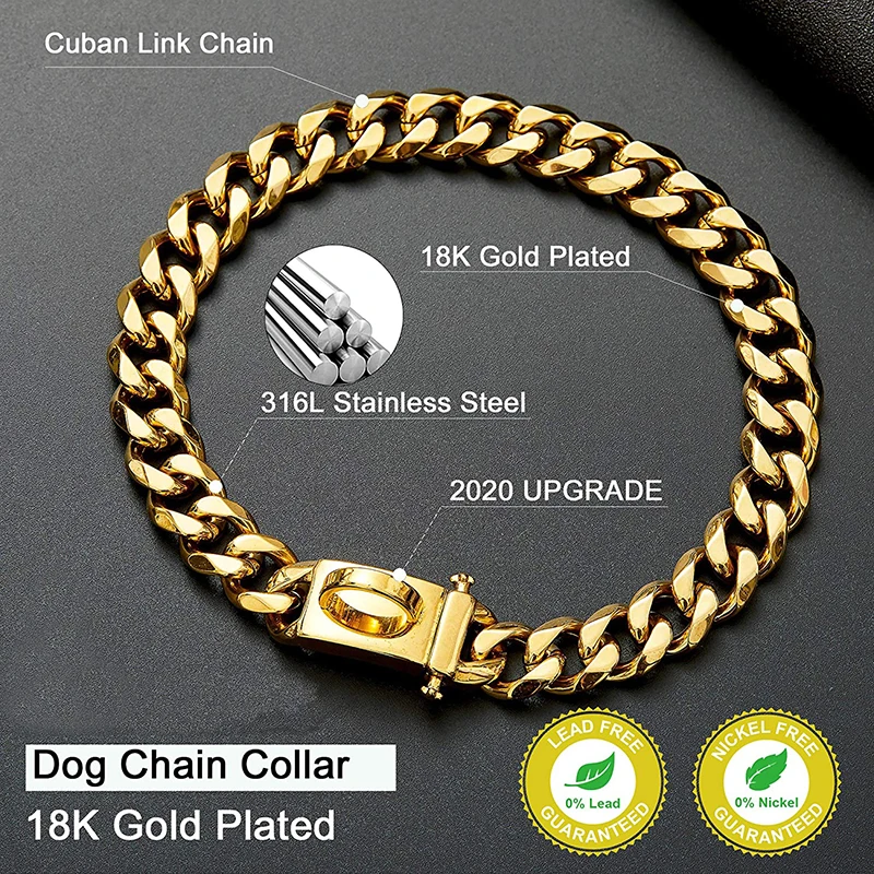 

19mm Collar de Perro de Acero Inoxidable Collares de Acero Inoxidable Por Mayor Cuban Chain Collar Perro, Gold/steel