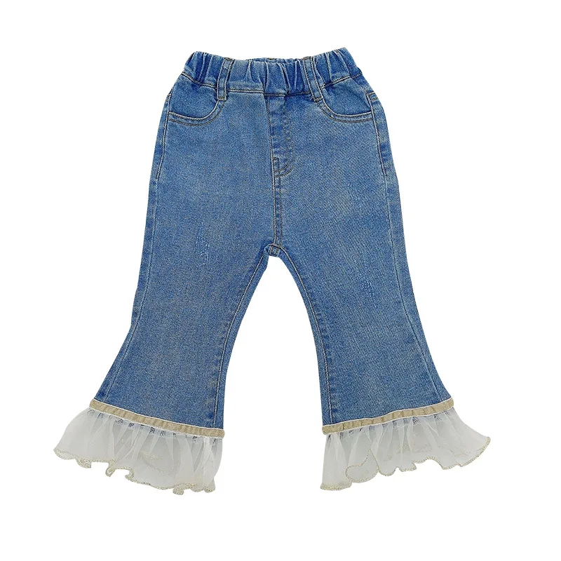

2021 summer new girls trousers lace bell bottoms slits carefully machine elastic waist lace jeans for girls, Picture shows