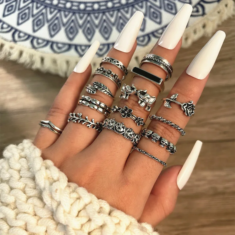

15 Pcs/Set Classic Exquisite Elephant Rose Flower Leaf Funny Pumpkin Ring Skull Crown Irregular Pattern Ring Set Holiday Gift, Silver
