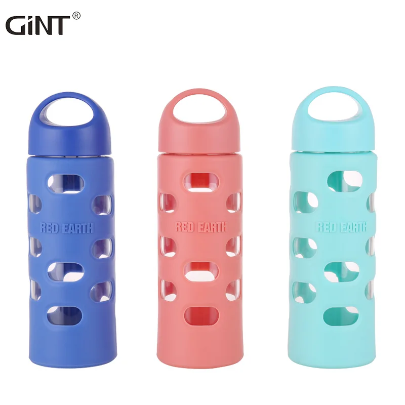 

GiNT 580ml Top Sale Portable Handled Anti-scald Water Cup Silicone Rubber Glass Water Bottle for Outside, Customized colors acceptable