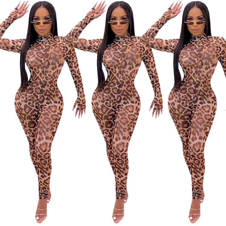leopard print mesh jumpsuit