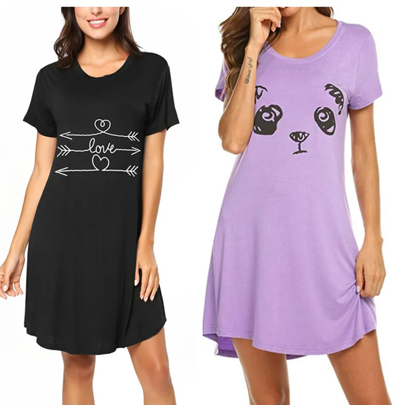 

ecowalson New Women Casual Sleepwear Nightgowns Let Me Sleep Letter Printed Eyelash Pattern Sexy Chemise Lingerie Pajama dress