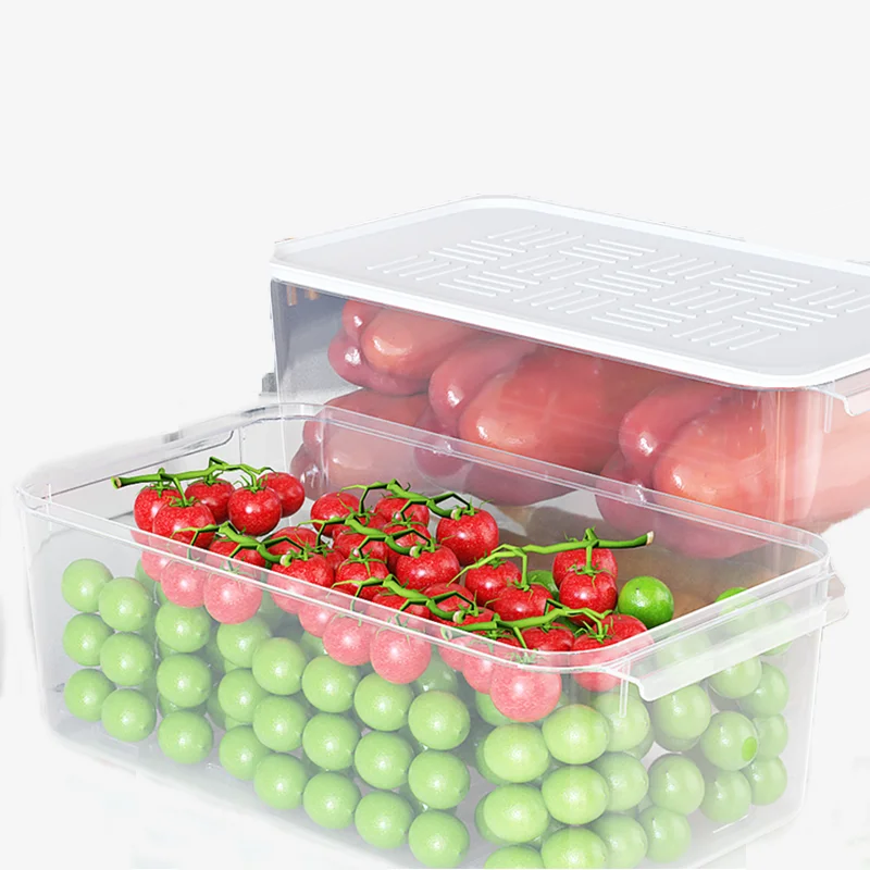 

Hot Selling Durable 500ML Rectangle Food Storage Container Kitchen Plastic Vegetable Fruit Crisper Set With Cover, 4 colors