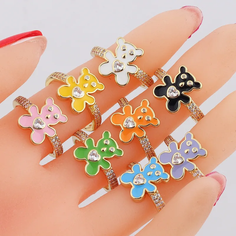 

Newest Cute Jewelry Pave Diamond Enamel Bear Ring Ins Colorful Micro Inliad Shiny Heart Crystal Oil Drop Bear Finger Rings Women