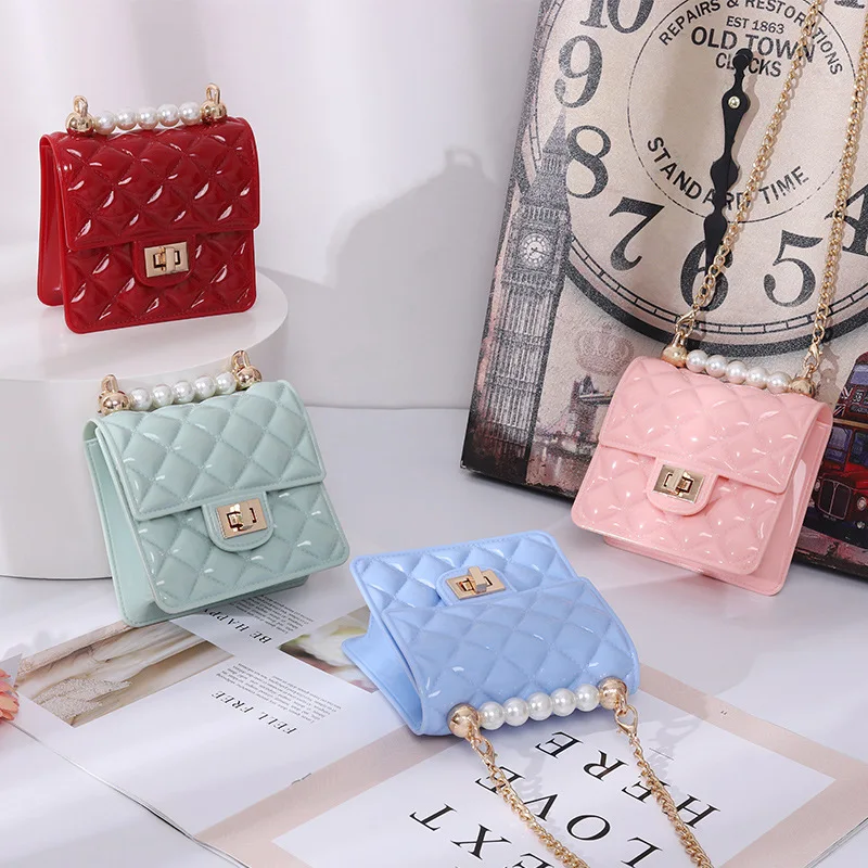 

New Arrival PVC Mini Rhombic Pattern Pearl Handle Cute Jelly Purses Candy Colors Chain Fashion Bag Chain Handbag for Girls, 7colors