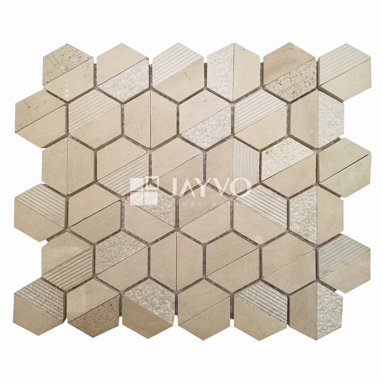 Marble Mosaic Outside Wall Decorative Hexagon Golden Beige Tile Irregular Stone Mosaic Tiles Fossil Wood Stone