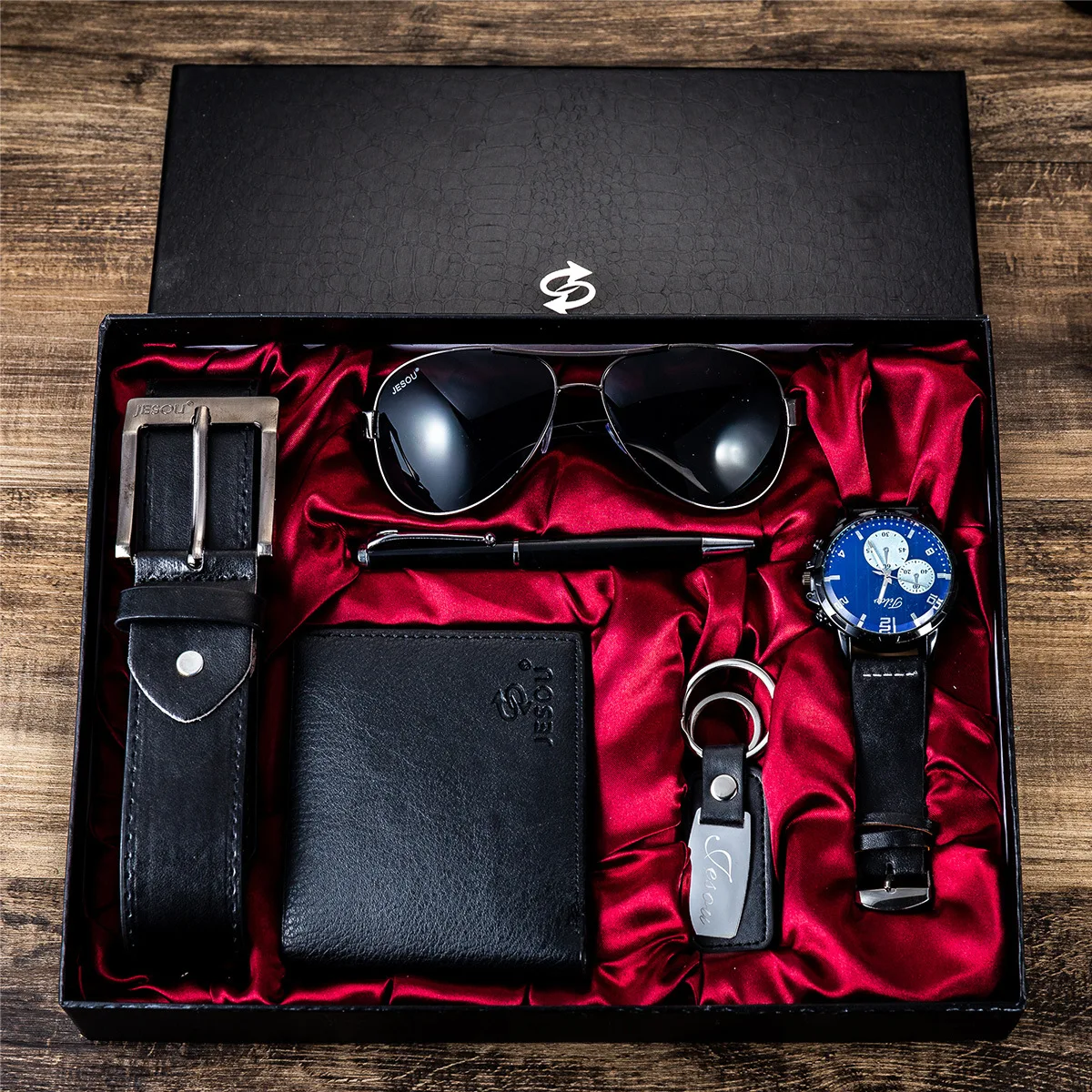

Men's Watch Sunglasses Set Timepieces Japan Movement Quartz Watches Wallet Belt 6pcs/set With Gift Box