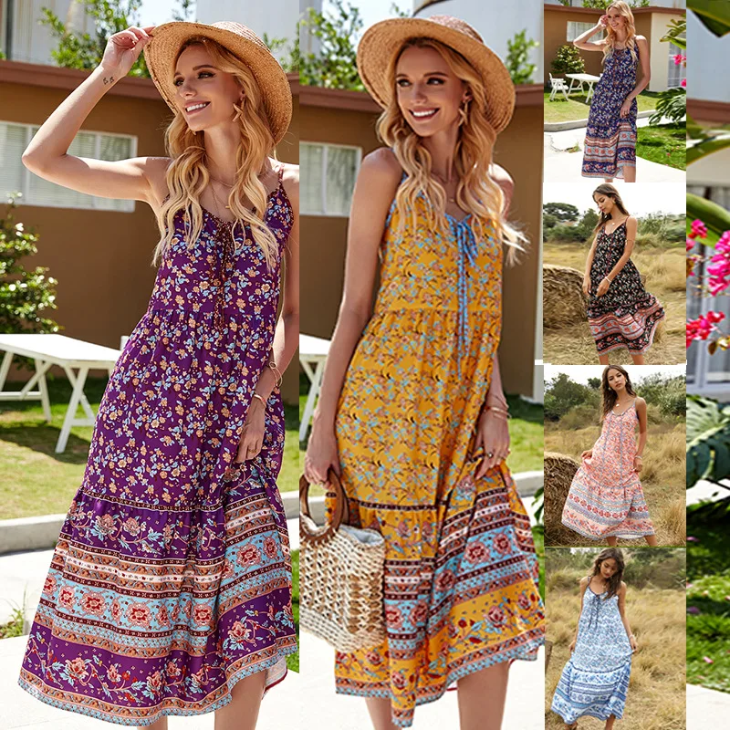 

2021 top vente Girls Summer Bohemian Beach Print Sleeveless Maxi Rayon Casual Maxi Dress