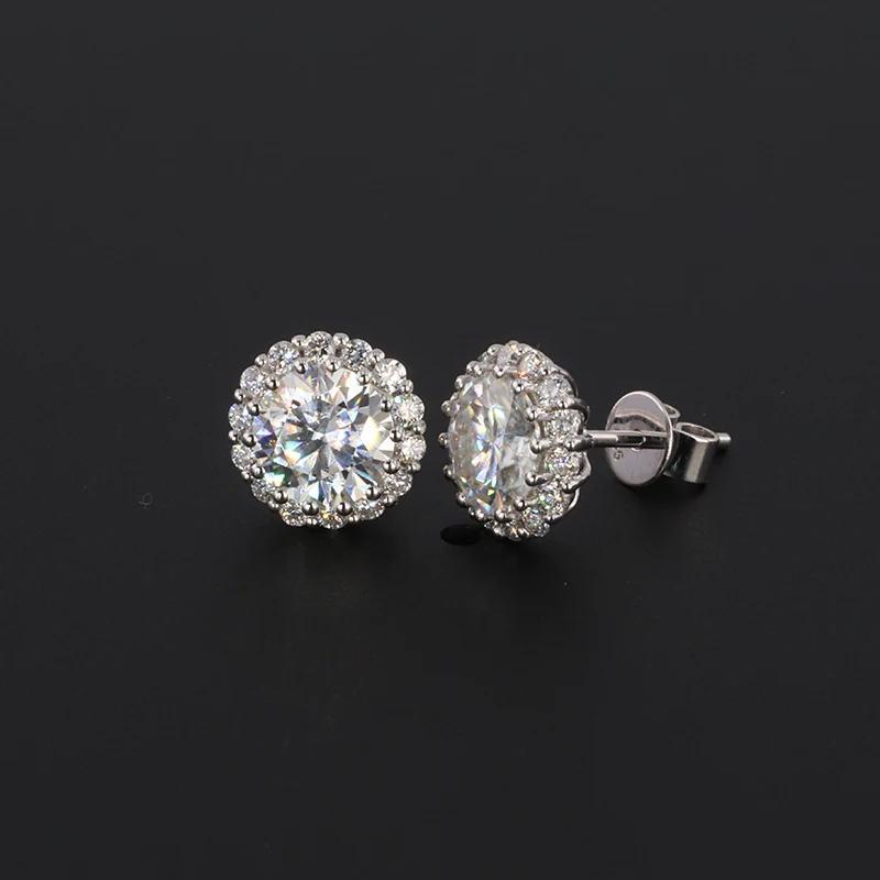 

14k 18k white gold one carat synthetic moissanite earrings with side lab diamond Fine jewelry