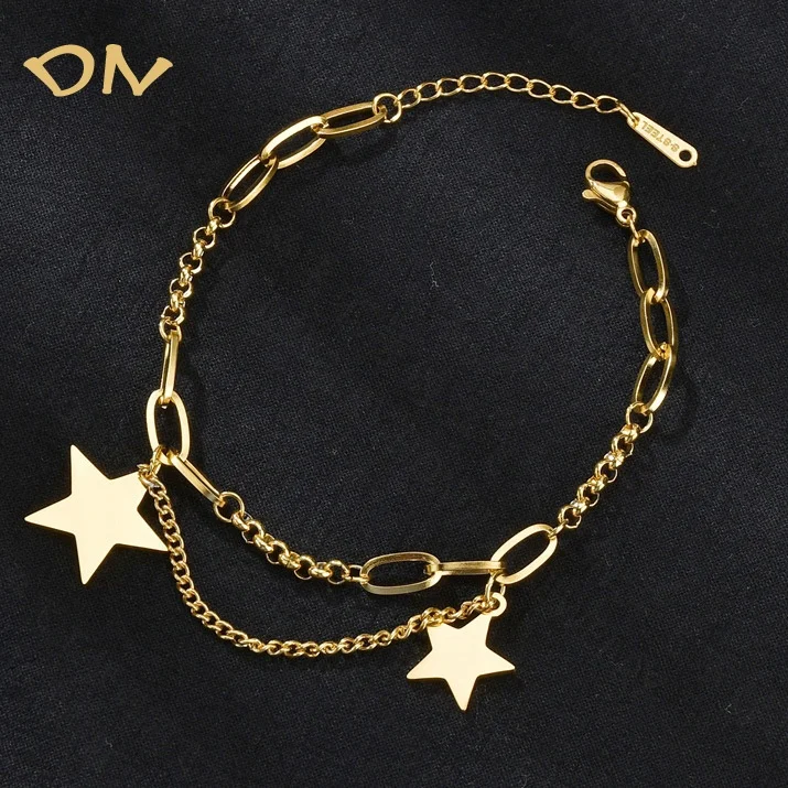 

Dina Hip Hop Multi-layer Silver Stars Charms Cuban Stainless Steel Chain Bracelet & Bangle Jewelry Women, Gold