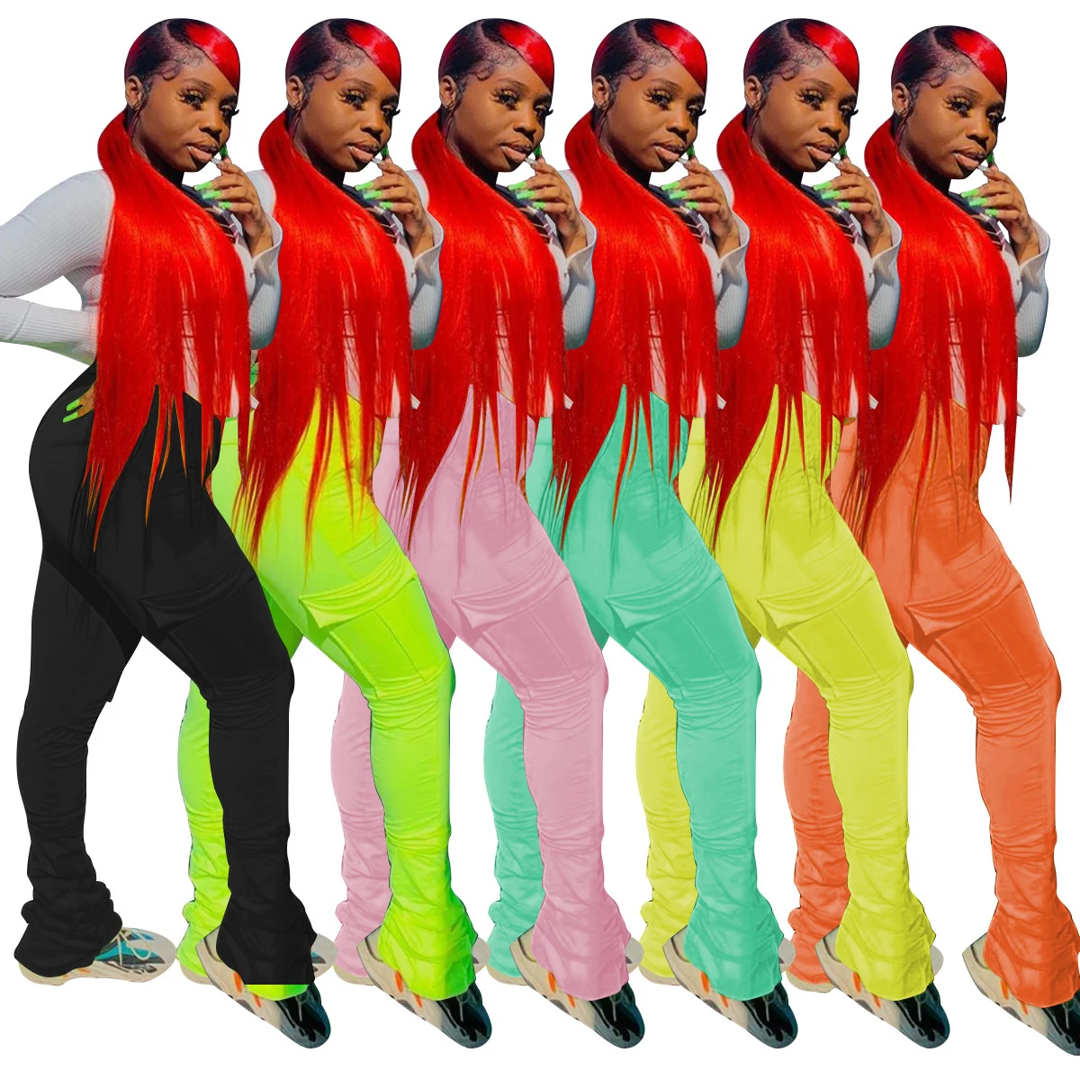 

women track pants jogger pants solid color leggings mid-waist pleated split micro flare casual