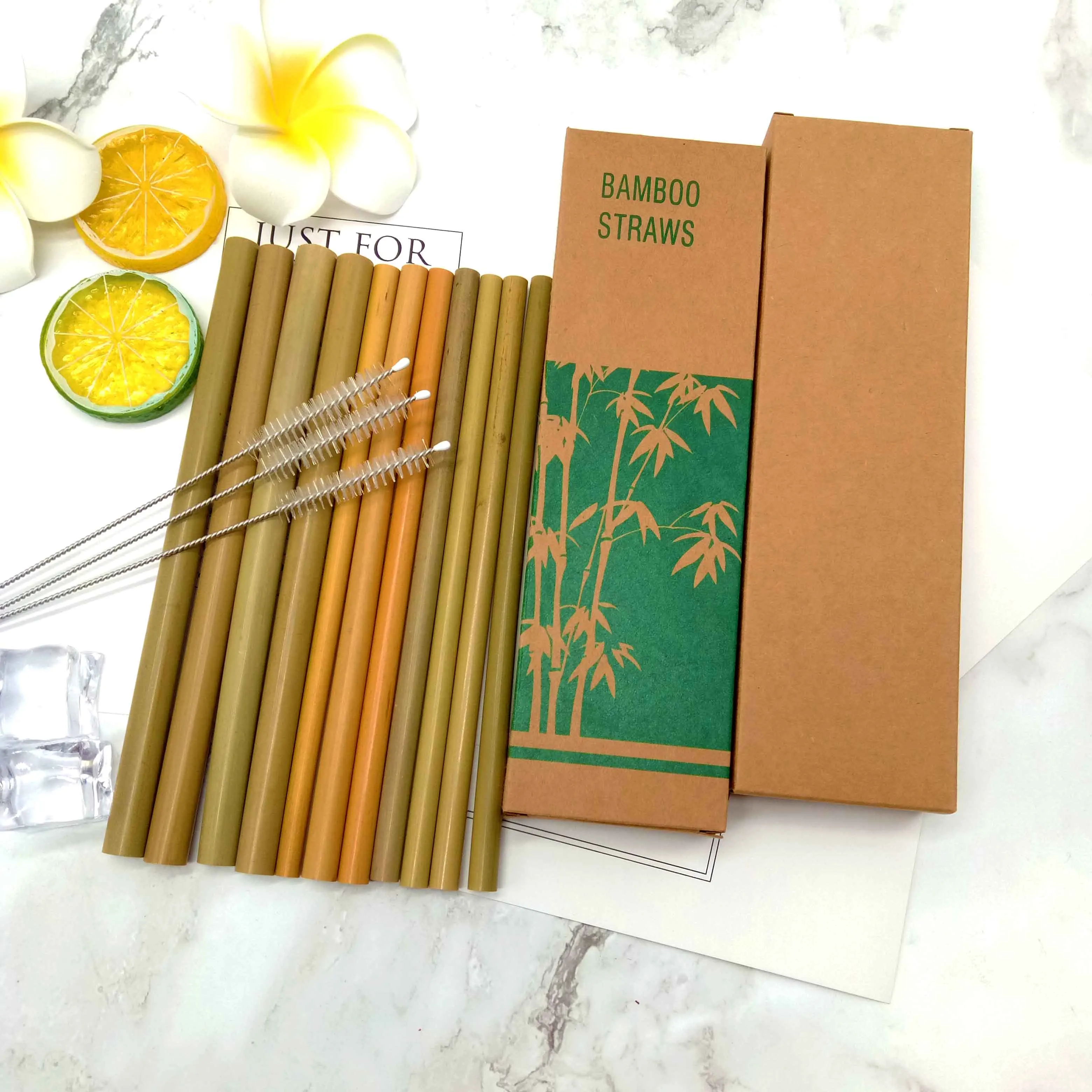 

High Quality Reusable Natural Bamboo Straw Biodegradable Bamboo Drinking Straw Set, Green,yellow