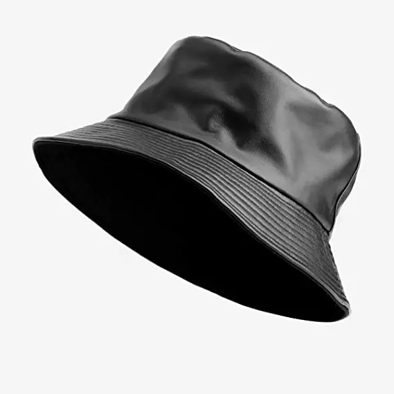 

Free shipping instock 2021 PU Leather Rain Hat Waterproof Fish cap customizable black patent real genuine leather bucket hat, Many