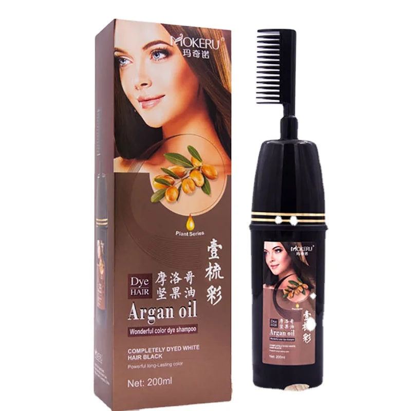 

Mokeru 200ml Easy Using Natural Hair Coloring Dye Comb Argan Oil Hair Dye Shampoo for Women Long Lasting Covering Gray Hair