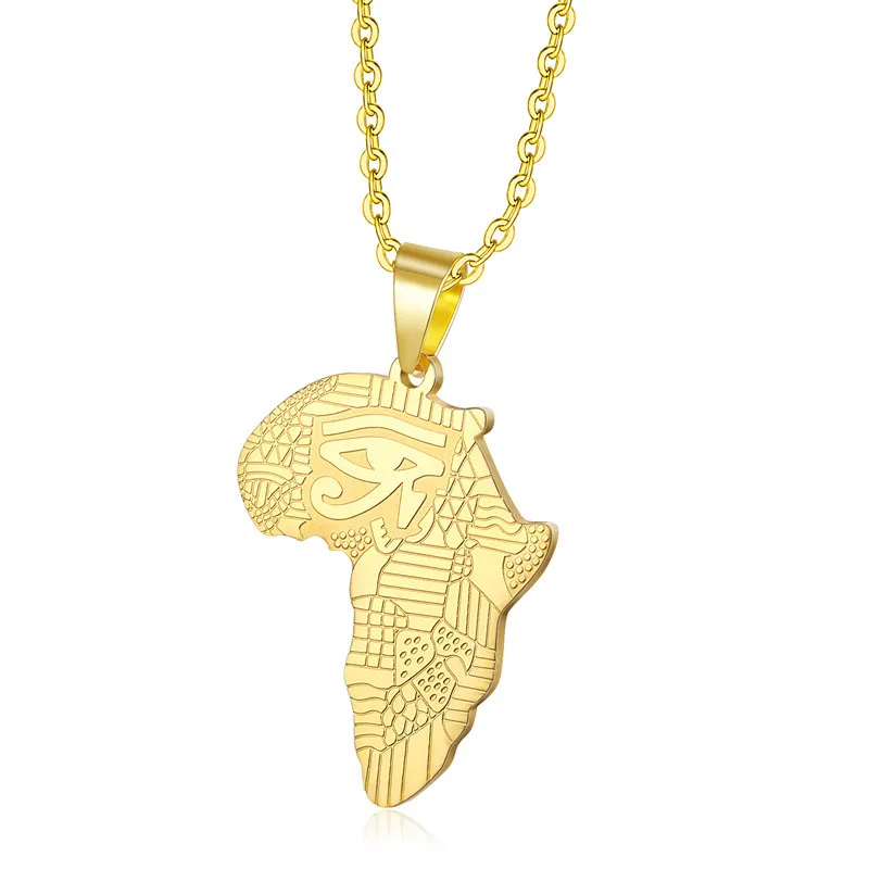 

Ancient Egypt Wedjat Eye African Map Necklace Gold Stainless Steel Eye of Horus African Map Pendant Necklace for Women Men