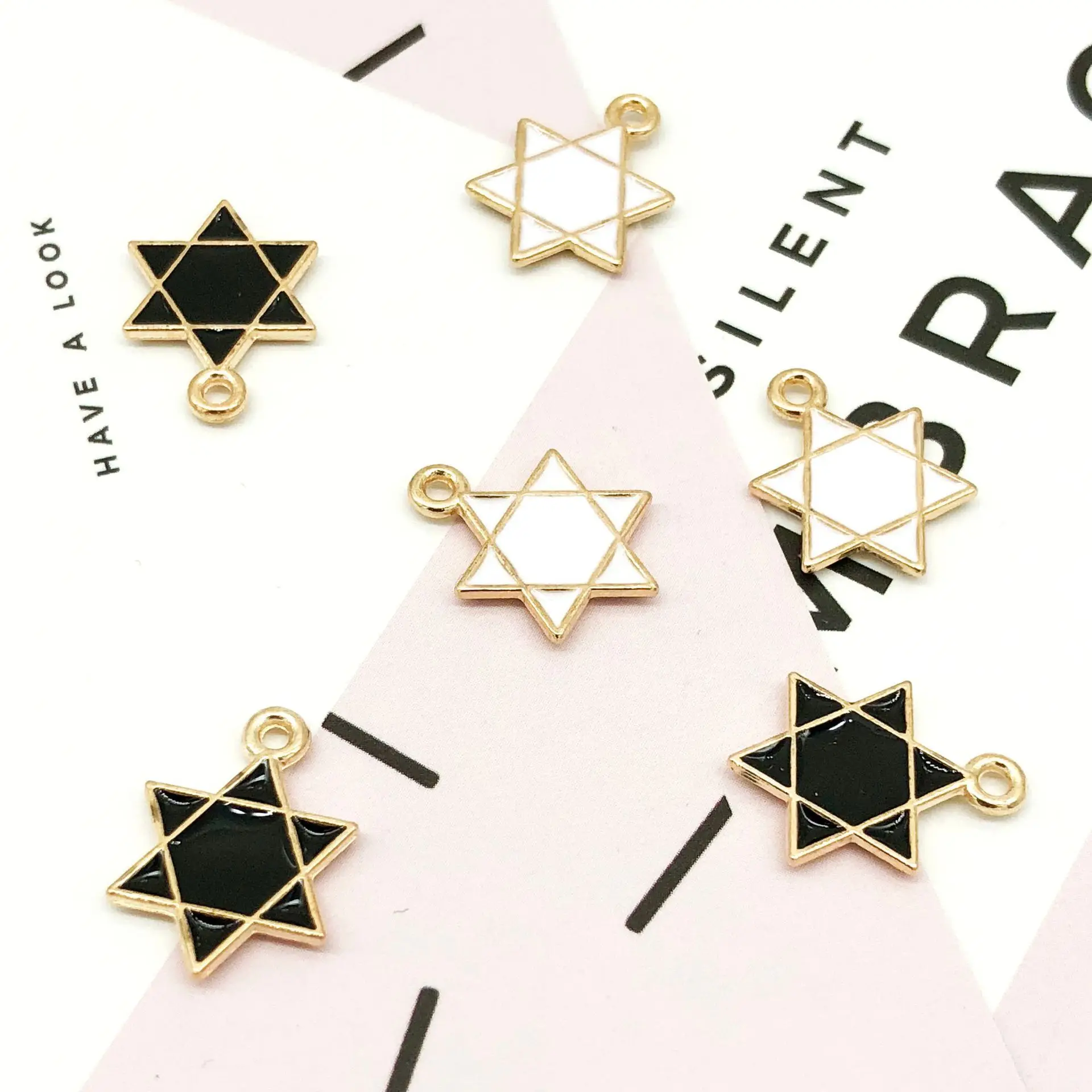 

DIY Gold Plated Zinc Alloy Jewelry Making Finding Accessories Enamel Enameled Six-Pointed Star Hexagram Pendant Charm, White,black