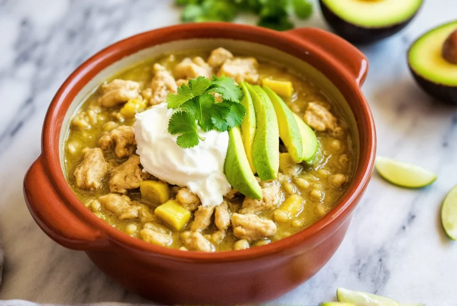 Finished green chicken chili in ceramic bowl with toppings including avocado, sour cream, and cilantro