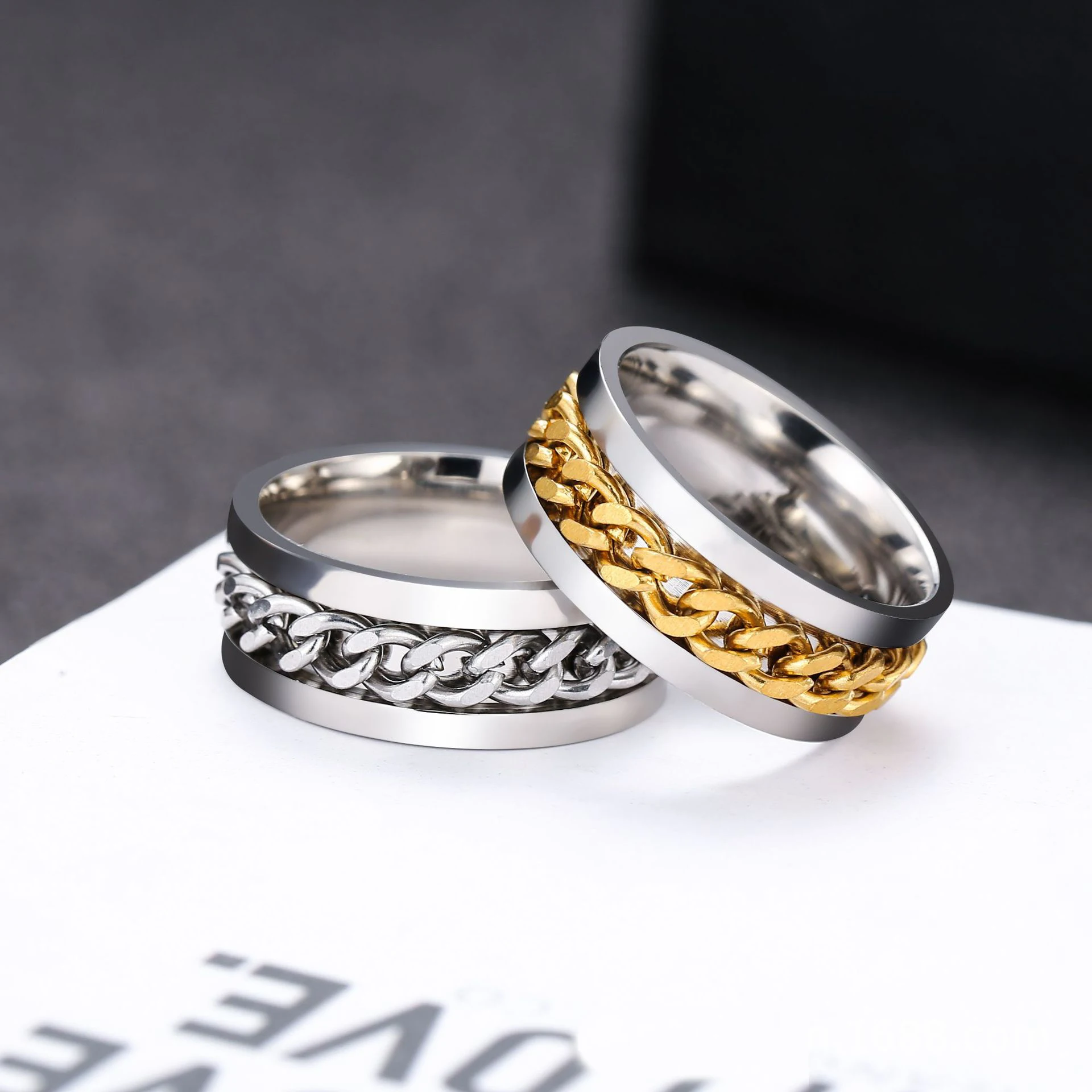 

Meditation Men Ring Spinner Curb Chain Stainless Steel Spinning Ring Worry Anxiety Ring, Picture