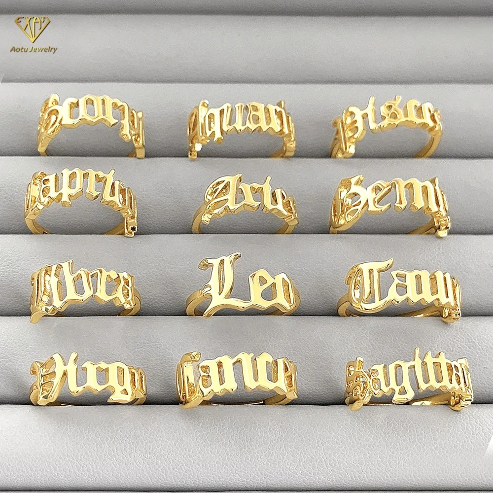 

Adjustable Open Ring Women 12 Zodiac Sign Ring Gold Silver Color Old English Letters Horoscope Finger Rings